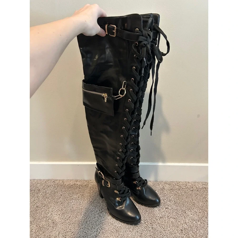 Elira Black Thigh High Lace Up Pocket Boots Buckle Block‎ Heel Womens 8.5 #2223
